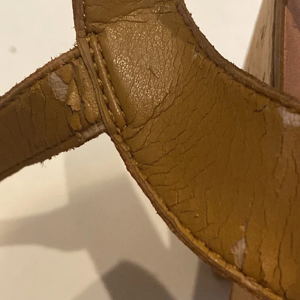 Dolce Vita Tan Leather & Black White Pattern Cork Platform Sandals